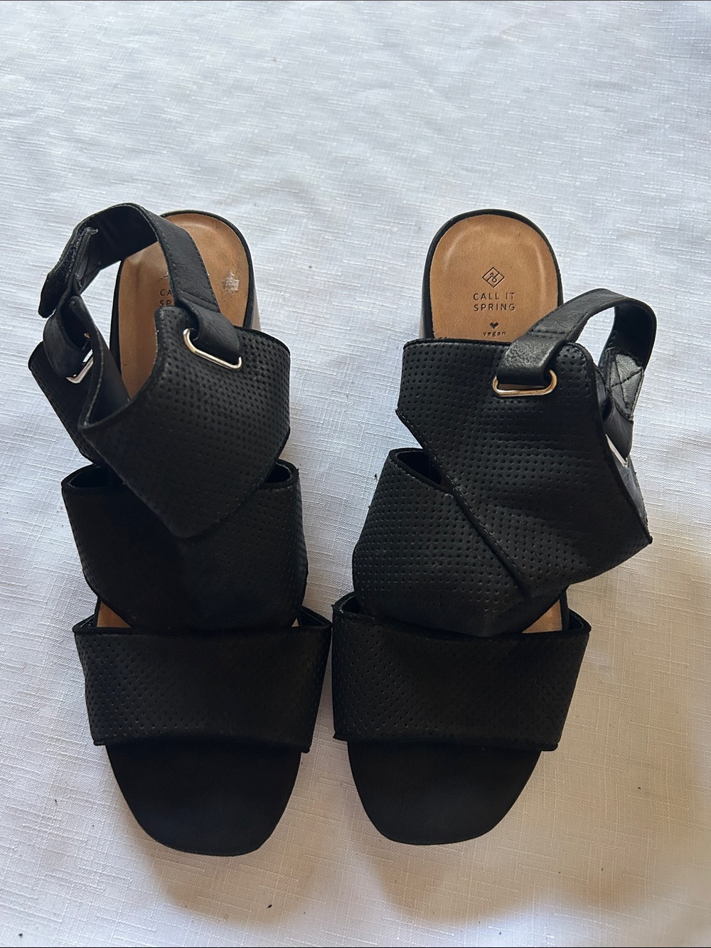 Call It Spring Black Perforated Crossover Strap Sandals